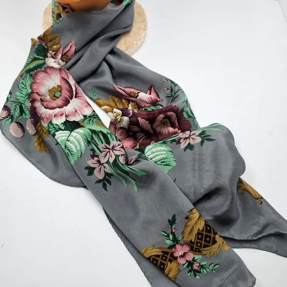 VTG Baar & Beards 100% Silk Scarf Gray Rose Floral Gold Scroll Japan Oblong
